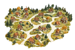 Charming aerial view of a cozy village with rustic cottages and winding paths surrounded by lush greenery and vibrant fall foliage. png