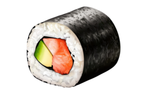 Close-up of a fresh sushi roll with salmon, avocado, and cucumber wrapped in seaweed, showcasing vibrant colors and textures. png