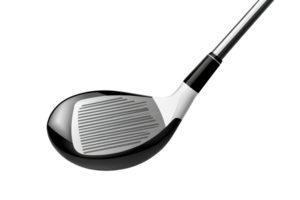 Close-up of a sleek golf club head with a shiny finish, showcasing the detailed grooves designed for precision and performance on the course. png