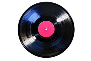 Classic black vinyl record with a pink label, isolated on a transparent background. capturing the essence of vintage music and nostalgia. png