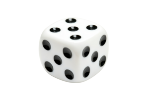 Close-up of a white dice with black dots on a clean transparent background. showcasing the classic design used in board games and gambling. png
