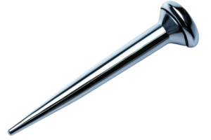 Close-up of a shiny metal pin highlighting its sleek design and reflective surface, used for fastening and crafting projects. png