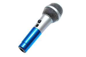 Close-up of a modern microphone with a blue handle and silver grille, isolated on transparent background.ideal for audio and music concepts. png