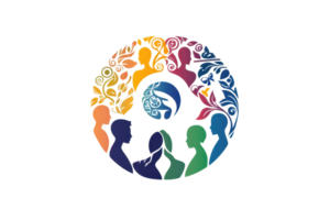 Colorful abstract illustration of diverse people holding hands in a circle around the globe, symbolizing unity, harmony, and global connection. png