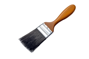 Close-up of a wooden-handled paintbrush isolated on white, highlighting black bristles and metal ferrule. Ideal for art and DIY projects. png