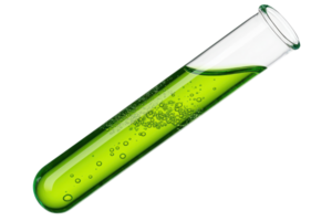 Close-up of a transparent test tube filled with bright green liquid and bubbles, representing science and laboratory research. png