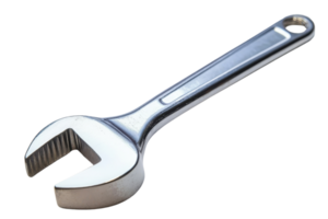 Close-up view of a stainless steel adjustable wrench, isolated on a transparent background. essential tool for construction and mechanical tasks. png