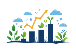 Colorful illustration of growing success in business, depicting upward growth graph with plants and clouds in the background. png