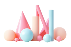 Colorful 3D geometric shapes including cones, spheres, and cylinders. Abstract and playful design ideal for modern creative projects. png