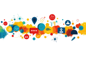 Colorful digital communication icons on abstract background, representing various technology, social media, and connectivity concepts. png
