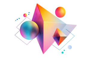 Colorful geometric shapes including pyramids and spheres with a modern gradient effect on a transparent background. Perfect for abstract design. png
