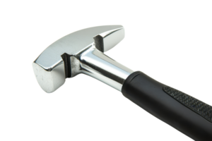 Close-up of a shiny, metallic hammer with a black handle isolated on a transparent background. perfect for construction and DIY projects. png