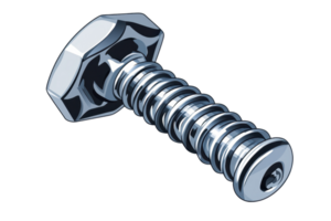 Close-up of a shiny metal screw with a hexagonal head, showcasing industrial strength and design on a transparent background. png