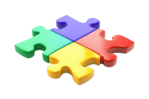 Colorful 3D puzzle pieces interlocked, symbolizing teamwork and cooperation. Perfect for illustrating unity and problem-solving concepts. png