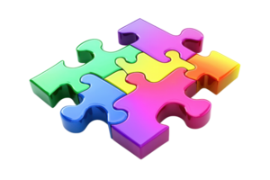 Colorful 3D puzzle pieces interlocked, representing teamwork, problem-solving, and creativity in a vibrant and engaging visual. png