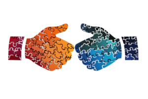 Colorful puzzle piece hands coming together, symbolizing teamwork, unity, and collaboration for stock photos and business concepts. png