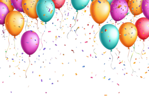 Colorful balloons with confetti and streamers, perfect for celebration and festive occasions. Bright and cheerful image for any event. png