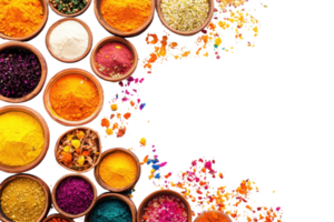 Colorful assortment of various spices in rustic bowls on a transparent background. Perfect for adding vibrant color and flavor to any culinary project. png