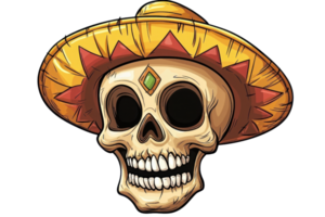 Colorful cartoon skull with a sombrero, perfect for Day of the Dead and Halloween themed designs. Vibrant festive illustration. png