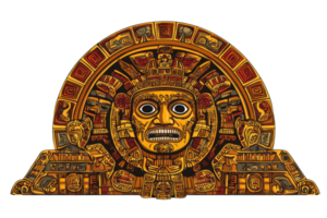 Colorful Aztec calendar art illustration depicting ancient symbolism and intricate designs in warm tones, showcasing historical artistry. png