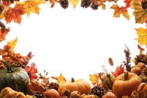 Colorful autumn frame with pumpkins, leaves, and pine cones, perfect for seasonal and Thanksgiving themes. Blank space in the center for text. png