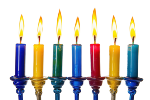 Colorful lit candles arranged in a row, creating a warm and festive atmosphere with their bright flames against a transparent background. png