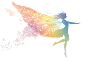 Colorful silhouette of a fairy with vibrant wings and sparkling particles, capturing the magic and wonder of fantasy. png