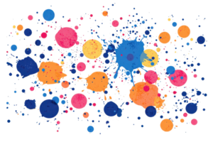 Colorful paint splatters create a vivid abstract background, combining vibrant hues of blue, pink, and orange in a dynamic and creative pattern. png