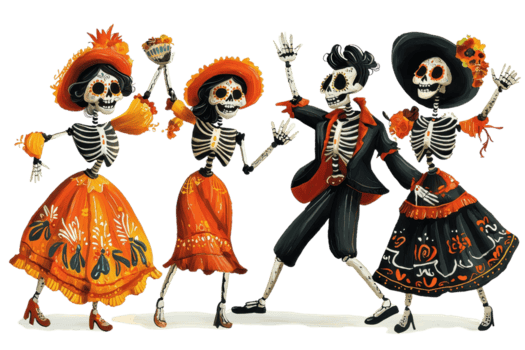 bunt dia de los Muertos Skelette feiern im traditionell Mexikaner Kleidung, beschwingt Festival Kostüme, Kunst und Kunsthandwerk. png