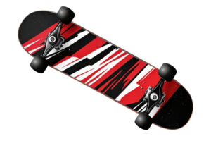 Colorful skateboard with abstract red and white pattern isolated on transparent background. Cool design and perfect for skate enthusiasts. png