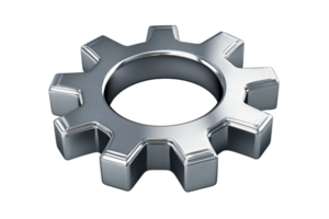 Close-up of a metallic gear, showcasing industrial design and engineering precision with polished, interlocking teeth on a reflective surface. png