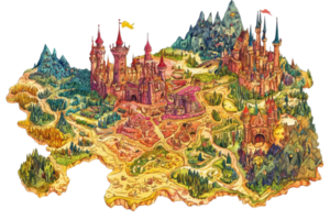 Colorful map illustration of a fantasy kingdom with castles, forests, and pathways, creating a vibrant and magical adventure scene. png