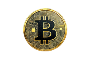 Close-up of a shiny Bitcoin coin with intricate circuitry design, symbolizing digital currency and blockchain technology in the modern financial era. png