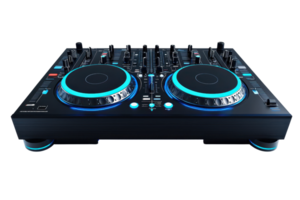 Close-up of a modern DJ controller with illuminated controls, perfect for mixing music at events or in a studio setting. png