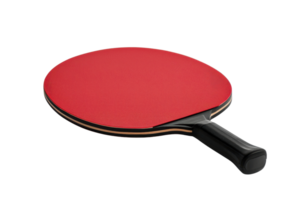 Close-up of a red and black table tennis paddle isolated on a transparent background. showcasing its sleek design and rubber texture. png