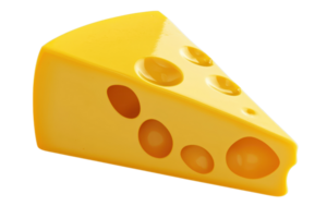 Close-up of a yellow Swiss cheese wedge with characteristic holes, highlighting its texture, color, and delicious appeal on a transparent background. png