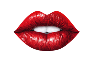 Close-up of glamorous red lips with a seductive shine and gentle bite, capturing a moment of bold beauty and expression. png