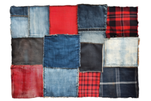 Colorful patchwork of denim and plaid fabric squares. A creative, rustic design showcasing texture and pattern variety. png