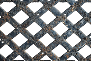 Close-up of a rusty metal lattice grid showing texture and pattern, ideal for backgrounds or industrial-themed designs in stock photography. png