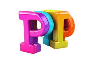 Colorful 3D letter sculpture spelling 'POP', featuring bright hues and reflective surfaces against a simple background, ideal for design use. png