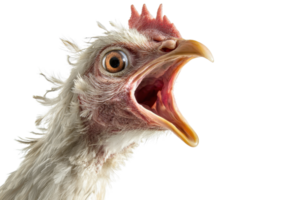 Close-up portrait of a surprised chicken with an open beak, showcasing detailed feathers and a shocked expression. png