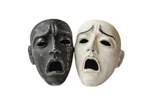 Close-up of theatrical masks in black and white, symbolizing drama and emotion. Perfect for themes of theater, contrast, artistry, and expression. png