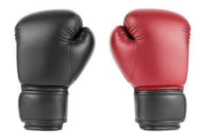 Close-up of a pair of contrasting boxing gloves, one black and one red, symbolizing competition and sportsmanship in a transparent background. png