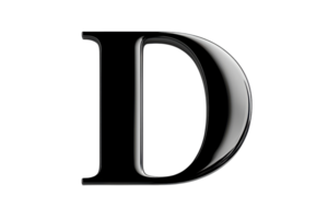 Elegant 3D black metallic letter 'D' on transparent background. showcasing a glossy finish perfect for design and typography projects. png