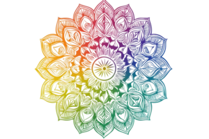 Colorful abstract mandala design with intricate geometric patterns, blending vibrant rainbow hues for a soothing and artistic visual effect. png