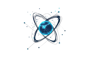 Conceptual image of an atom with orbiting electrons, representing science, technology, and the fundamental building blocks of matter. png