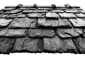 Close-up of a rustic slate roof with weathered texture, showcasing natural stone tiles in an overlapping pattern, ideal for architectural themes. png