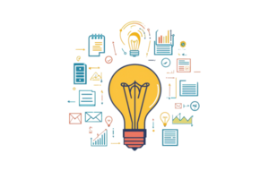 Creative light bulb infographic depicting innovation, research, and development with various icons representing ideas and progress. png