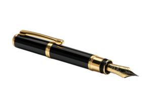 Elegant black fountain pen with gold accents, isolated on a transparent background. Perfect for writing, signing documents, and luxury style display. png