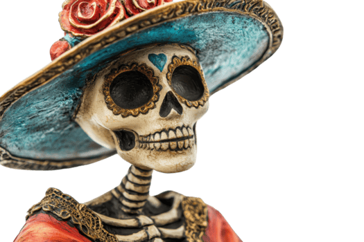 bunt Tag von das tot Skelett Figur tragen ein groß Hut mit Rosen, symbolisieren Mexikaner Erbe und Kultur. png